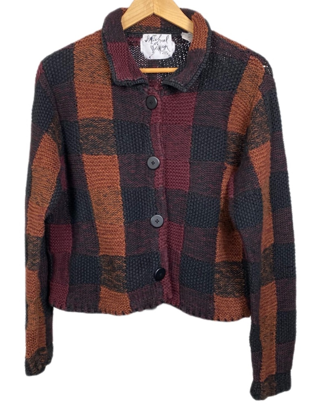 Michael Simon Patchwork Knit Button-Up Cardigan Earth Tone Button-Up Sweater